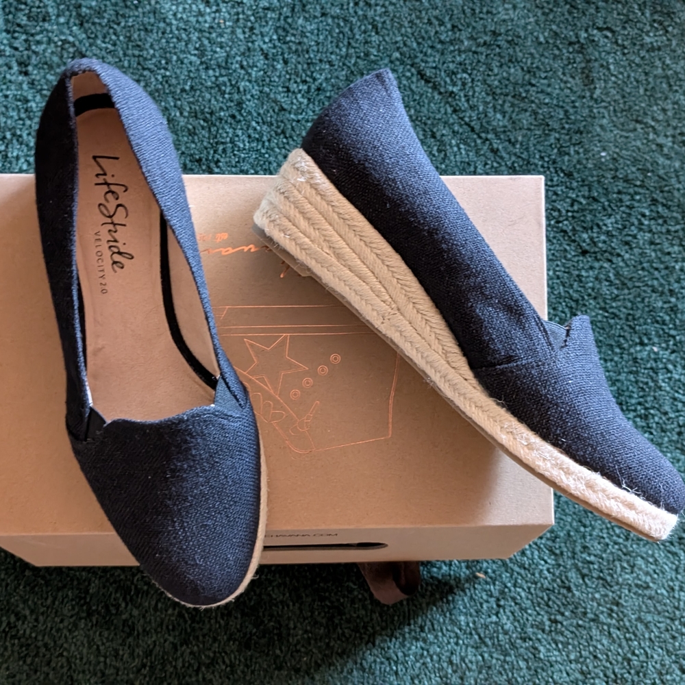 Life Stride Black Espadrille Slip-On Wedges